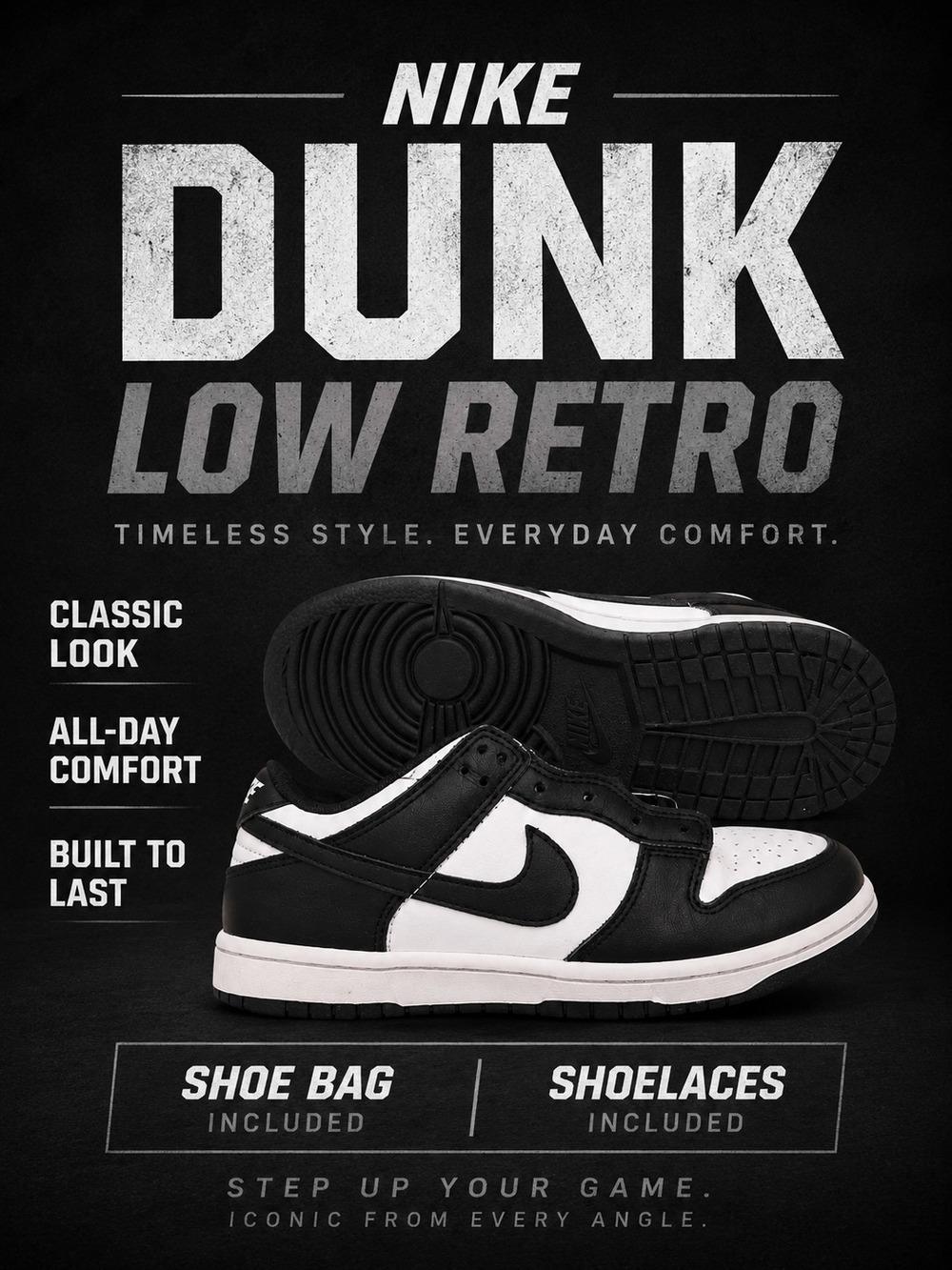 Nike Dunk Low Panda Kids Black White Sneakers Size 1Y
